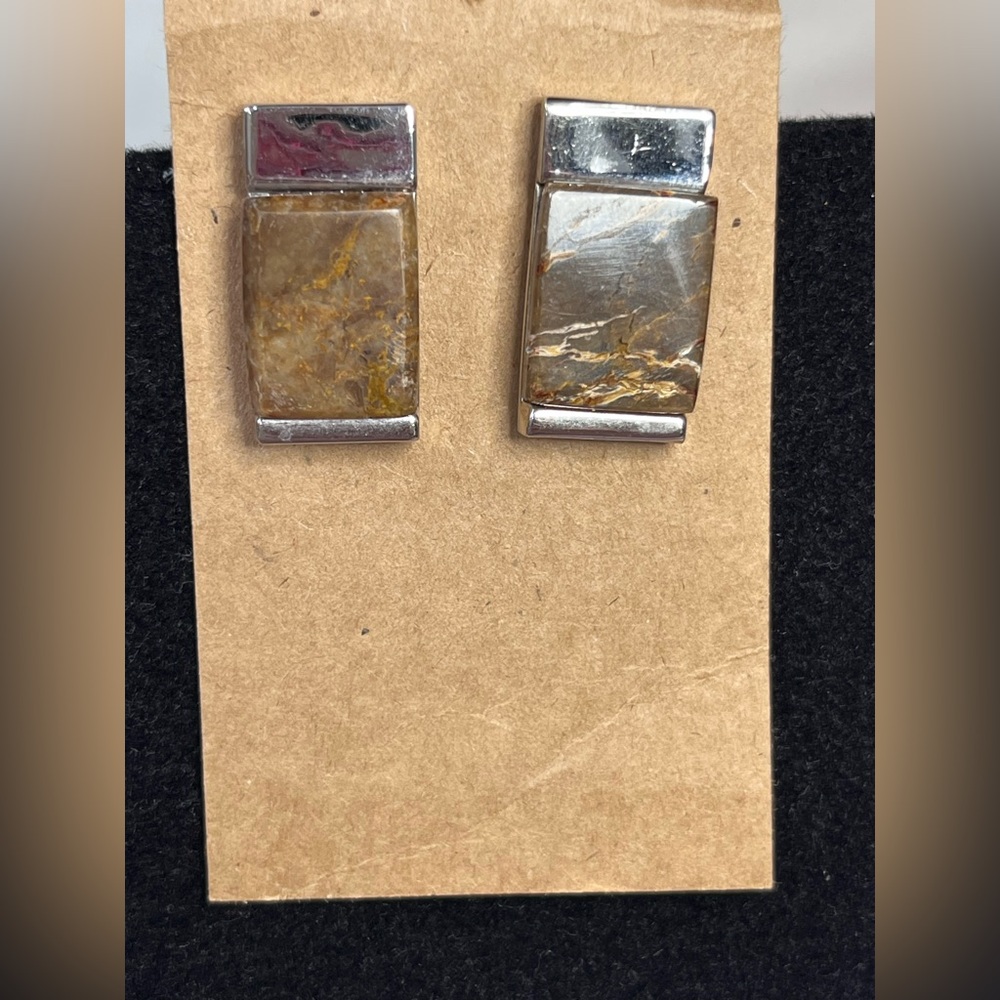 Picture Jasper Stone Rectangular Stud Earrings Southwestern Boho